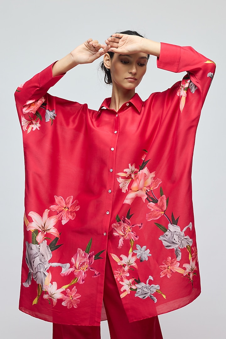 Red Chanderi Floral Printed Tunic by Balance by Rohit Bal at Pernia's Pop Up Shop