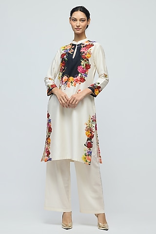 Ivory Chanderi Floral Printed Tunic Set by Balance by Rohit Bal