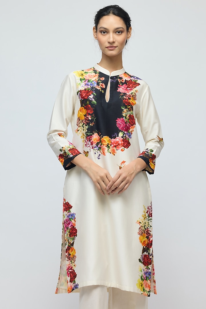 Ivory Chanderi Floral Printed Tunic Set by Balance by Rohit Bal at Pernia's Pop Up Shop