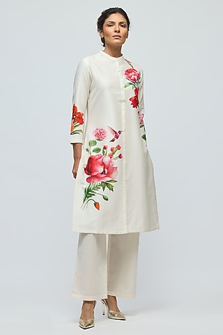 Ivory Chanderi Floral Printed Tunic Set by Balance by Rohit Bal