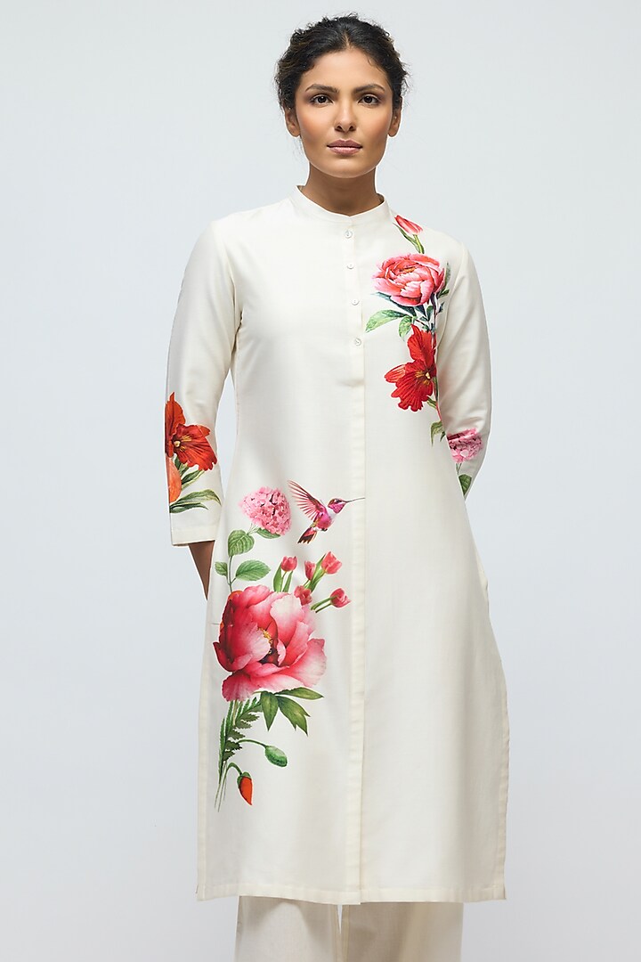 Ivory Chanderi Floral Printed Tunic Set by Balance by Rohit Bal at Pernia's Pop Up Shop