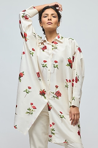 Ivory Chanderi Floral Printed Tunic by Balance by Rohit Bal