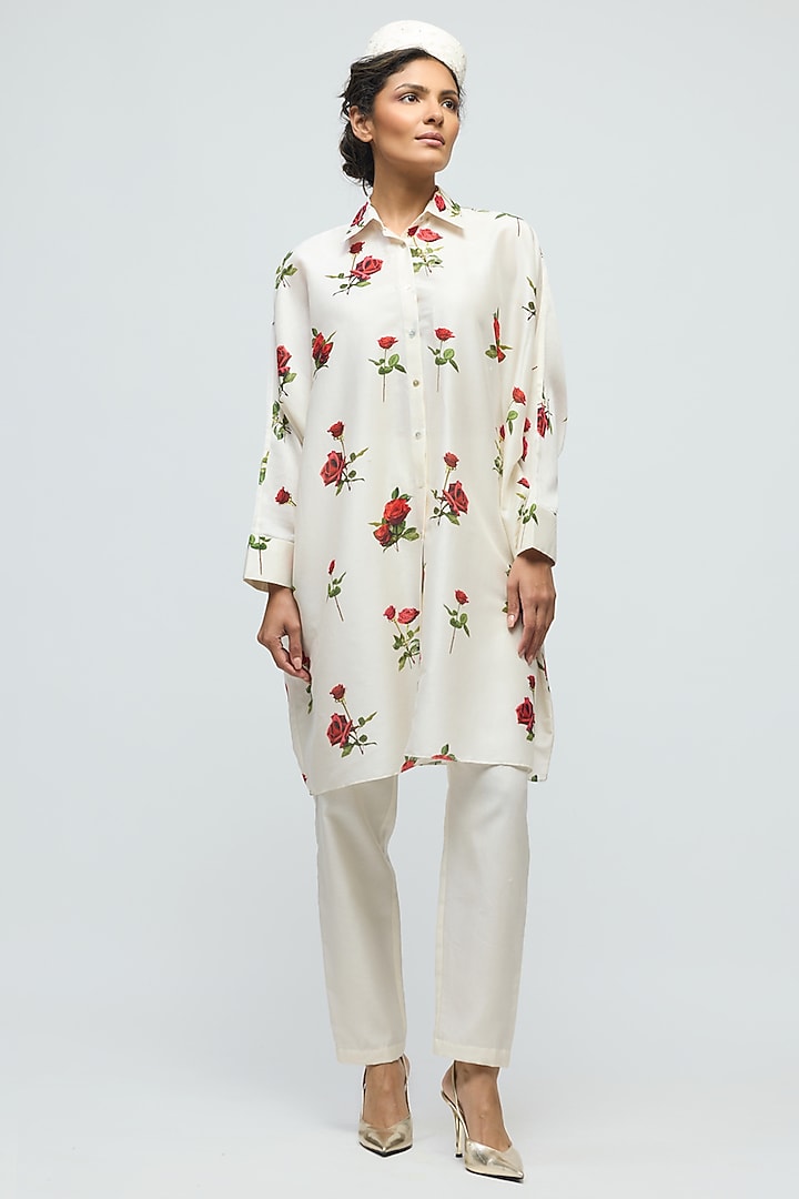 Ivory Chanderi Floral Printed Tunic by Balance by Rohit Bal at Pernia's Pop Up Shop