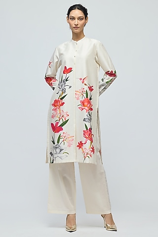 Ivory Chanderi Floral Printed Tunic Set by Balance by Rohit Bal