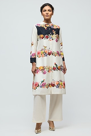 Ivory Chanderi Floral Printed Tunic Set by Balance by Rohit Bal