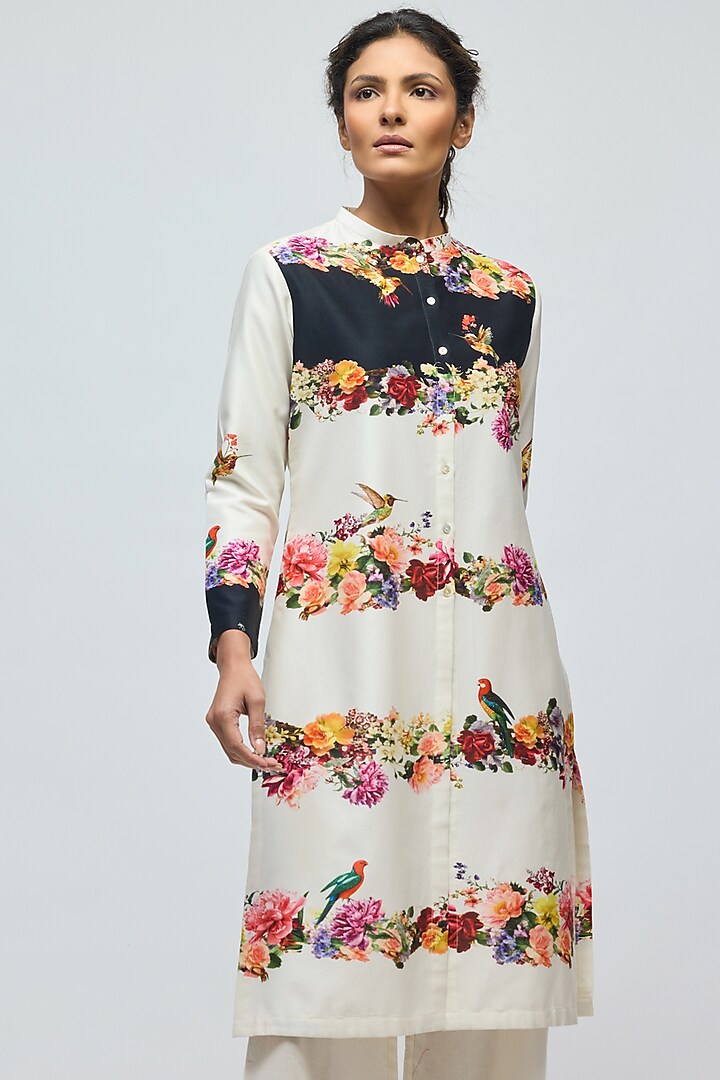 Ivory Chanderi Floral Printed Tunic Set by Balance by Rohit Bal at Pernia's Pop Up Shop
