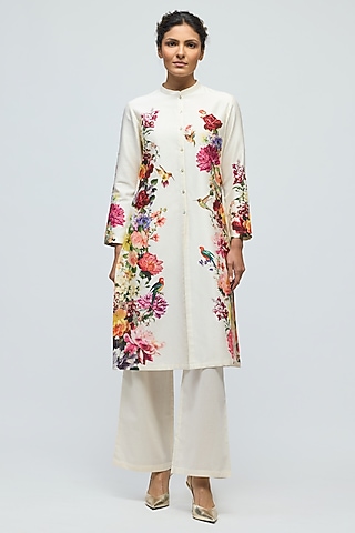 Ivory Chanderi Floral Printed Tunic Set by Balance by Rohit Bal