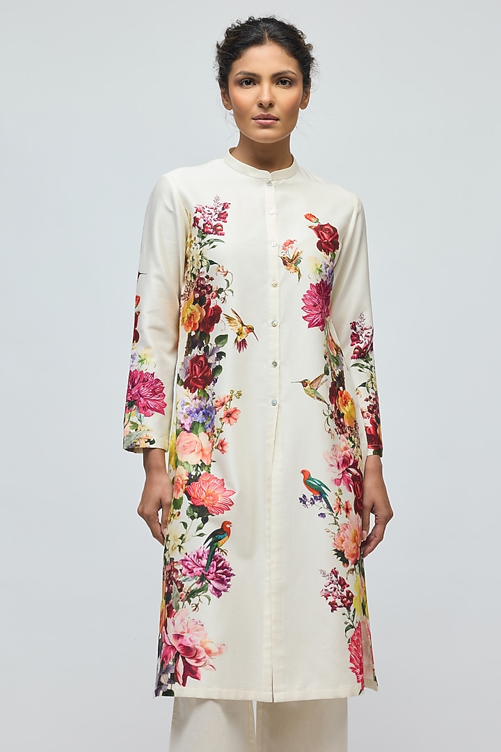 Ivory Chanderi Floral Printed Tunic Set by Balance by Rohit Bal at Pernia's Pop Up Shop