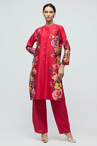 Red Chanderi Floral Printed Tunic Set by Balance by Rohit Bal