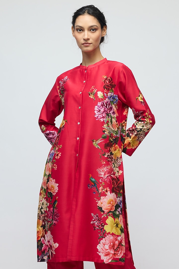 Red Chanderi Floral Printed Tunic Set by Balance by Rohit Bal at Pernia's Pop Up Shop
