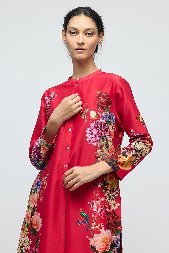 Red Chanderi Floral Printed Tunic Set by Balance by Rohit Bal at Pernia's Pop Up Shop