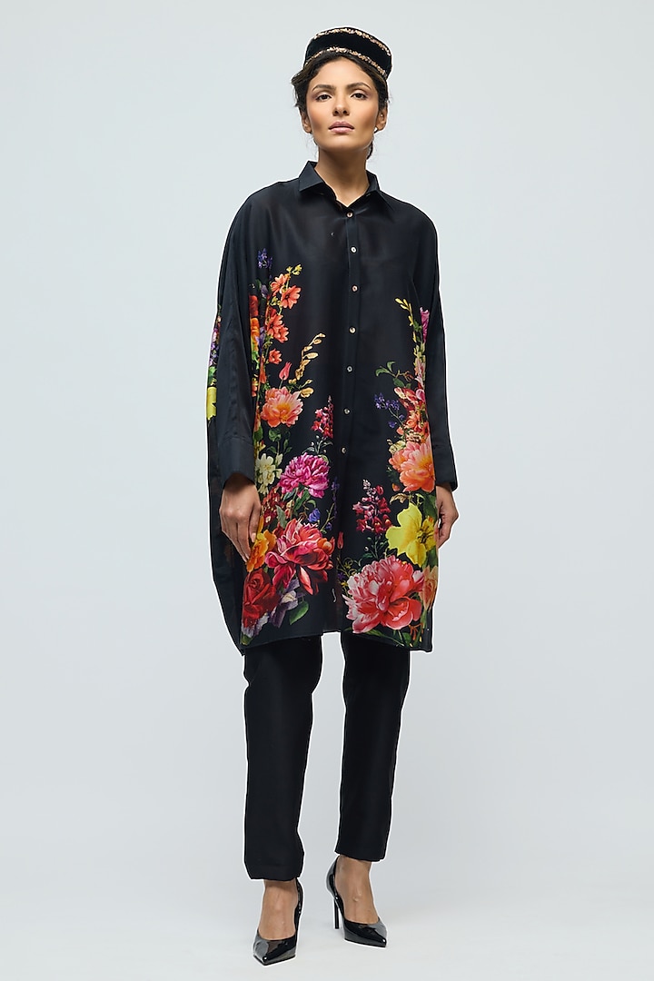 Black Chanderi Floral Printed Tunic by Balance by Rohit Bal at Pernia's Pop Up Shop