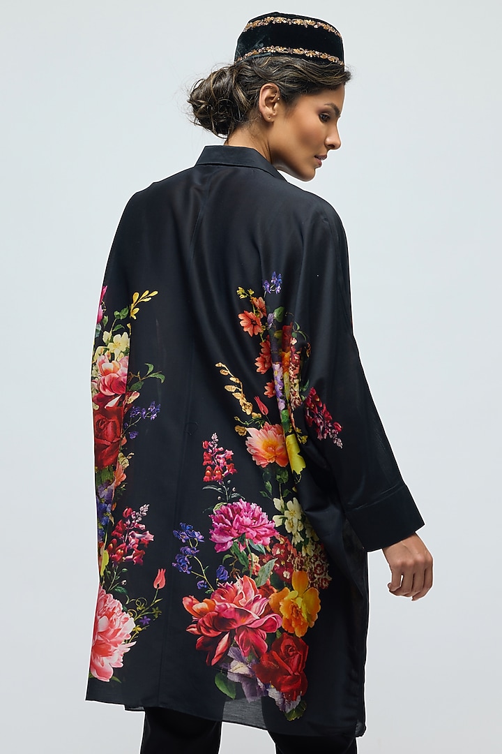 Black Chanderi Floral Printed Tunic by Balance by Rohit Bal at Pernia's Pop Up Shop