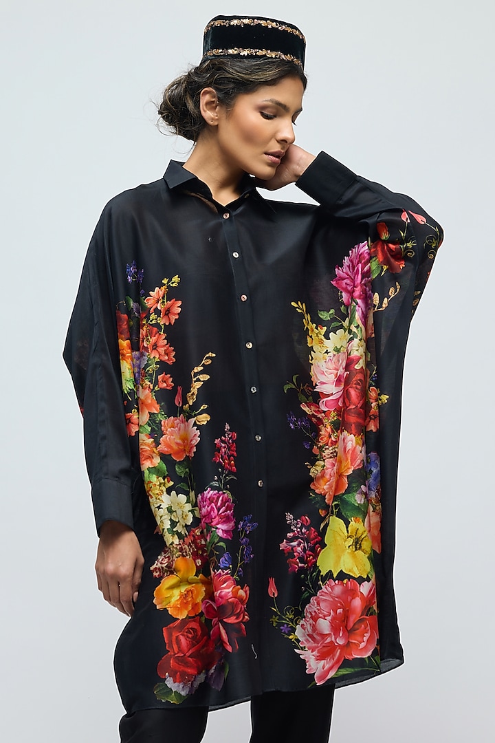 Black Chanderi Floral Printed Tunic by Balance by Rohit Bal at Pernia's Pop Up Shop