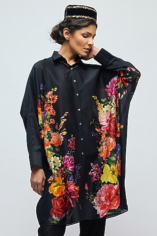 Black Chanderi Floral Printed Tunic by Balance by Rohit Bal