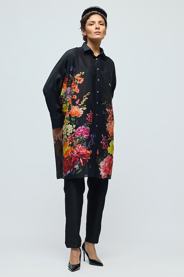 Black Chanderi Floral Printed Tunic by Balance by Rohit Bal at Pernia's Pop Up Shop