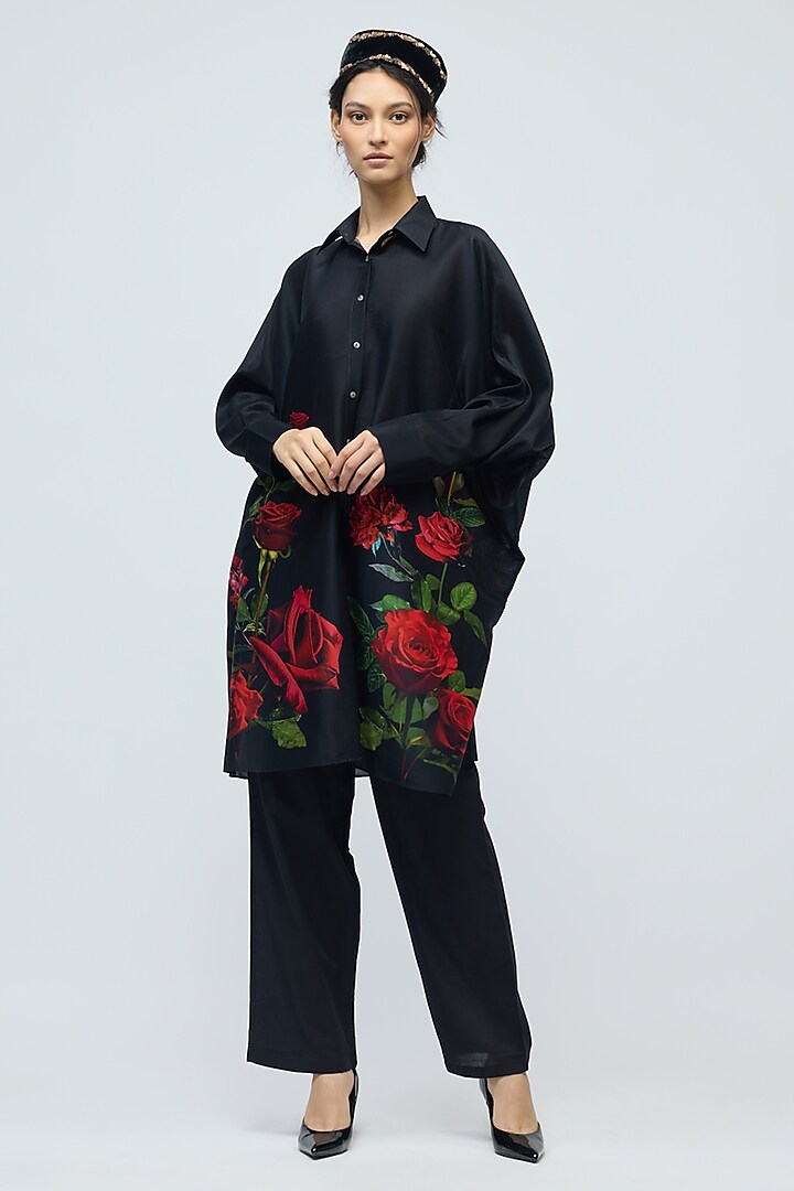 Black Chanderi Floral Printed Tunic by Balance by Rohit Bal at Pernia's Pop Up Shop