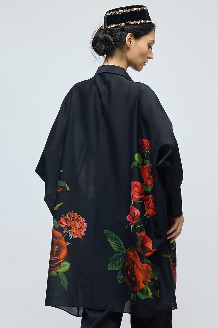 Black Chanderi Floral Printed Tunic by Balance by Rohit Bal at Pernia's Pop Up Shop