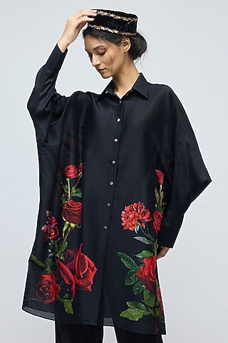 Black Chanderi Floral Printed Tunic by Balance by Rohit Bal