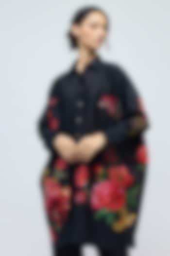Black Chanderi Floral Printed Tunic by Balance by Rohit Bal at Pernia's Pop Up Shop