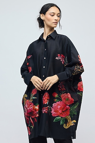 Black Chanderi Floral Printed Tunic by Balance by Rohit Bal