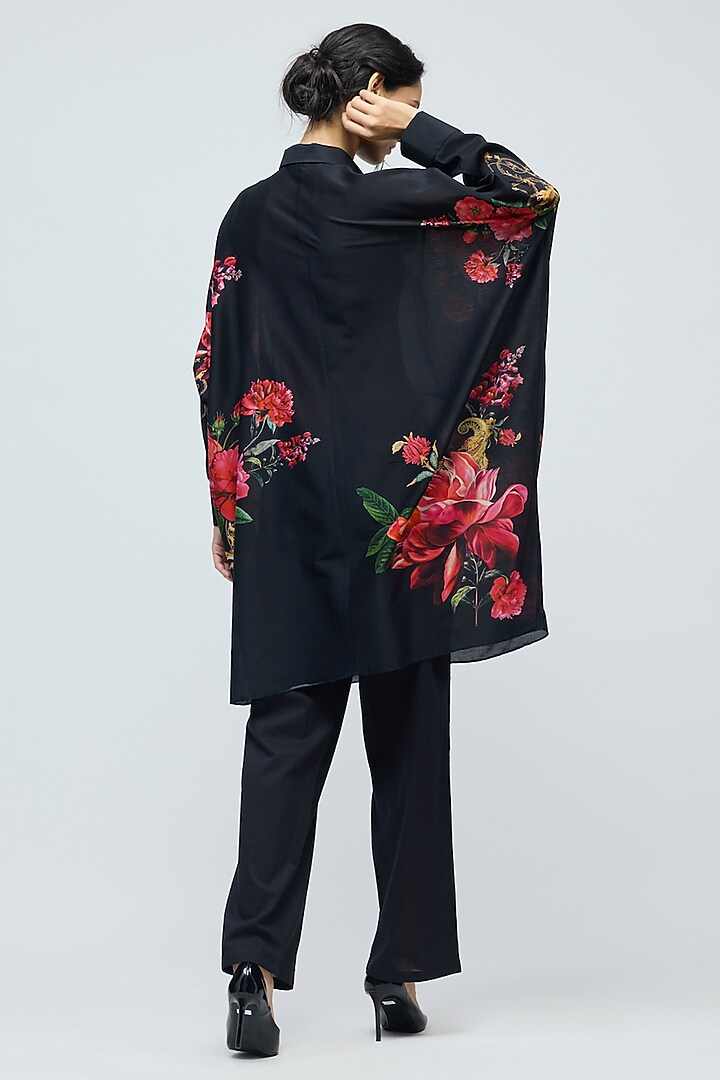 Black Chanderi Floral Printed Tunic by Balance by Rohit Bal at Pernia's Pop Up Shop