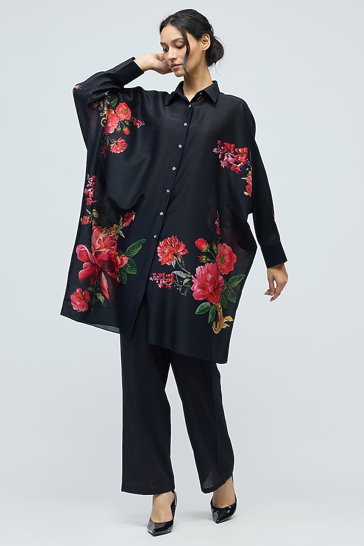 Black Chanderi Floral Printed Tunic by Balance by Rohit Bal at Pernia's Pop Up Shop