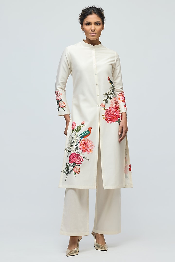 Ivory Chanderi Floral Printed Tunic Set by Balance by Rohit Bal at Pernia's Pop Up Shop