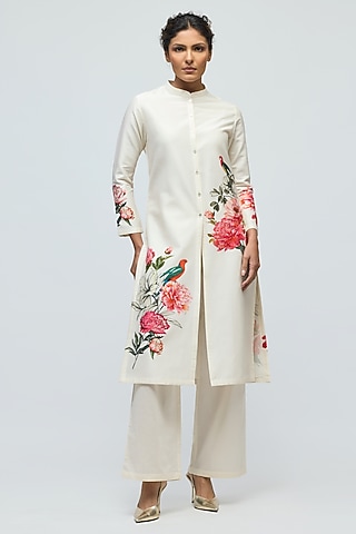 Ivory Chanderi Floral Printed Tunic Set by Balance by Rohit Bal