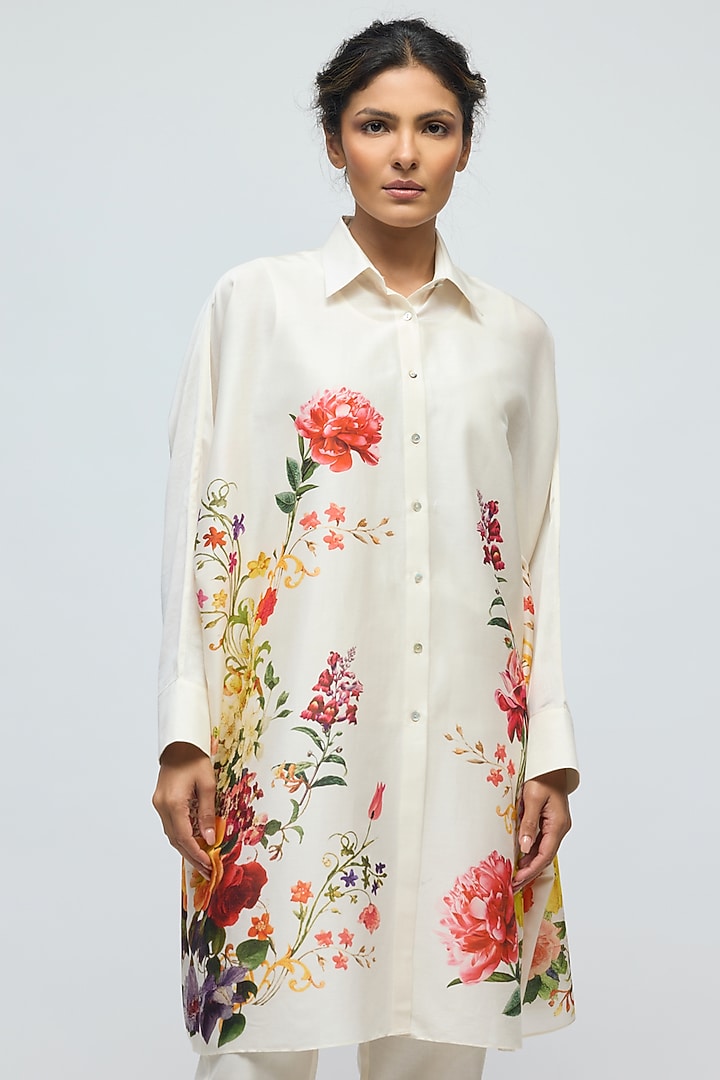 Ivory Chanderi Floral Printed Tunic by Balance by Rohit Bal at Pernia's Pop Up Shop