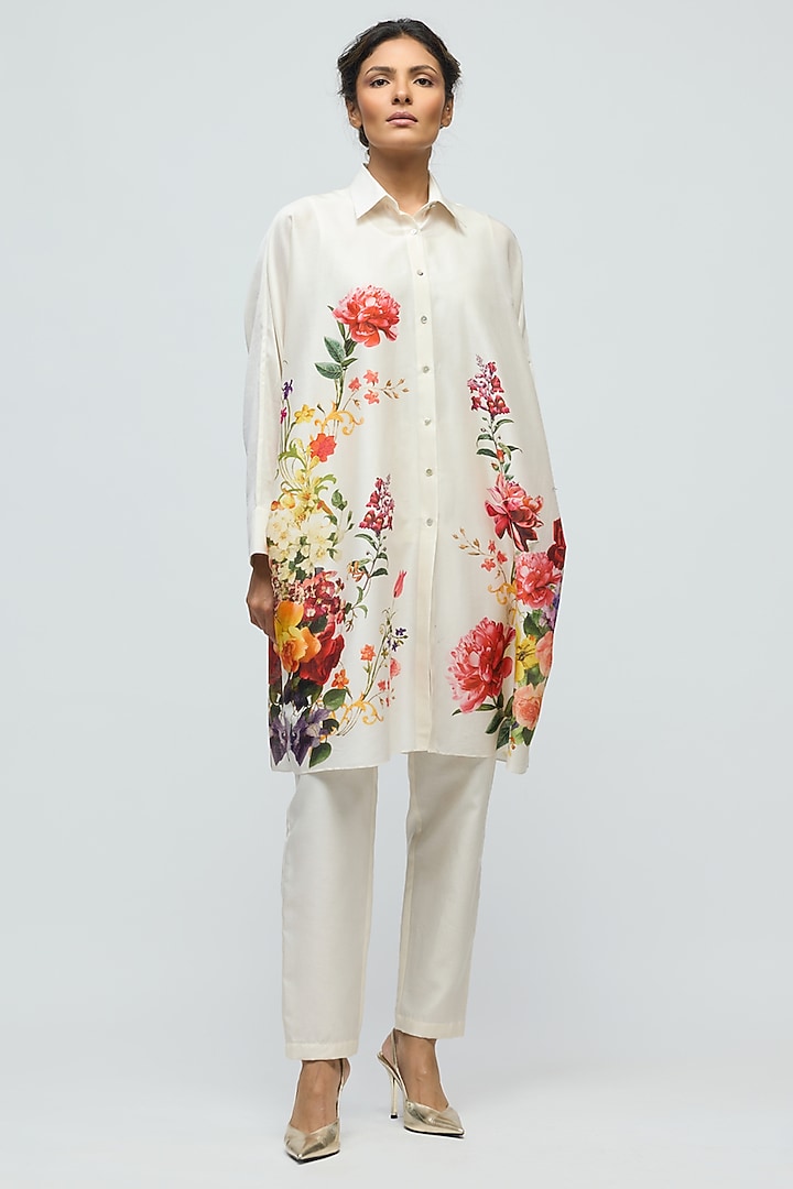 Ivory Chanderi Floral Printed Tunic by Balance by Rohit Bal at Pernia's Pop Up Shop