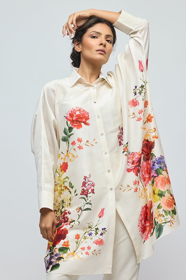 Ivory Chanderi Floral Printed Tunic by Balance by Rohit Bal at Pernia's Pop Up Shop
