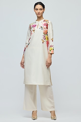 Ivory Chanderi Floral Printed Tunic Set by Balance by Rohit Bal