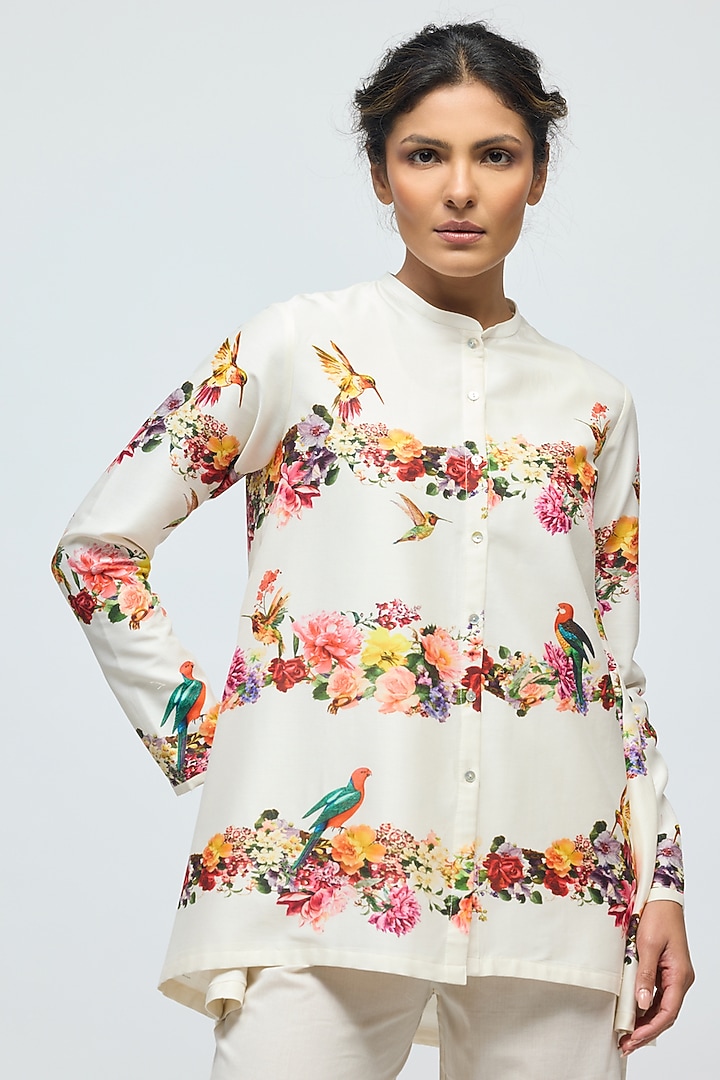 Ivory Chanderi Floral Printed Tunic Set by Balance by Rohit Bal at Pernia's Pop Up Shop