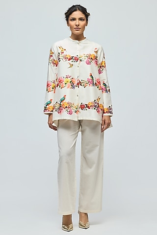 Ivory Chanderi Floral Printed Tunic Set by Balance by Rohit Bal