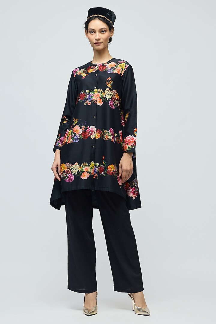 Black Chanderi Floral Printed Tunic Set by Balance by Rohit Bal at Pernia's Pop Up Shop