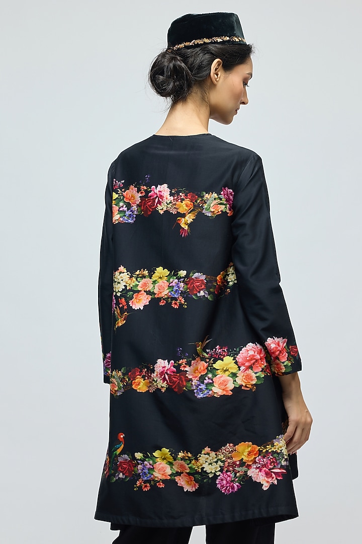 Black Chanderi Floral Printed Tunic Set by Balance by Rohit Bal at Pernia's Pop Up Shop