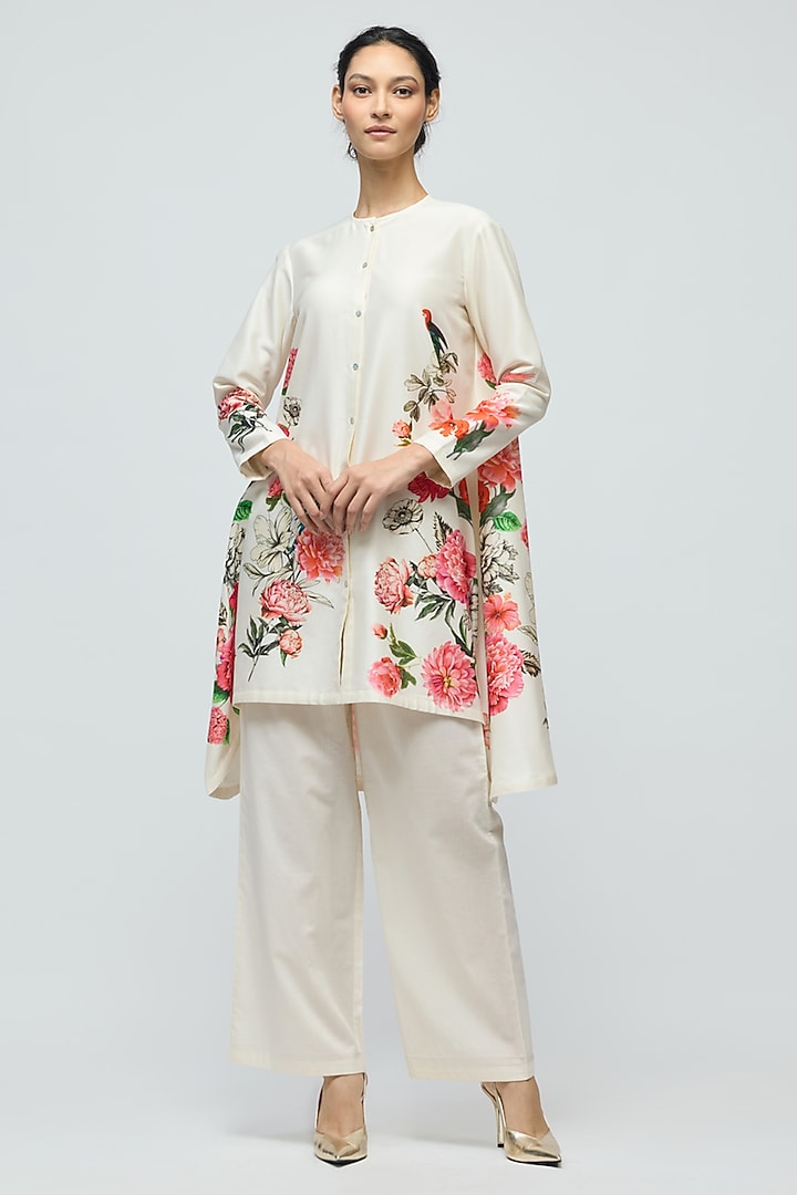 Ivory Chanderi Floral Printed Tunic Set by Balance by Rohit Bal at Pernia's Pop Up Shop