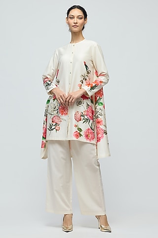 Ivory Chanderi Floral Printed Tunic Set by Balance by Rohit Bal