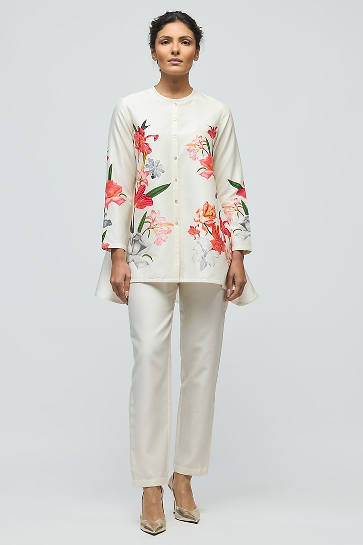 Ivory Chanderi Floral Printed Tunic Set by Balance by Rohit Bal at Pernia's Pop Up Shop
