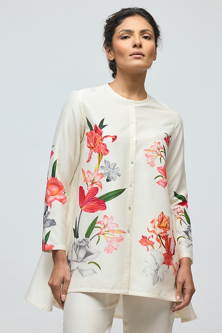 Ivory Chanderi Floral Printed Tunic Set by Balance by Rohit Bal at Pernia's Pop Up Shop