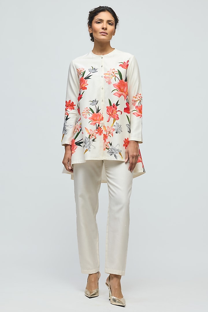 Ivory Chanderi Floral Printed Tunic Set by Balance by Rohit Bal at Pernia's Pop Up Shop