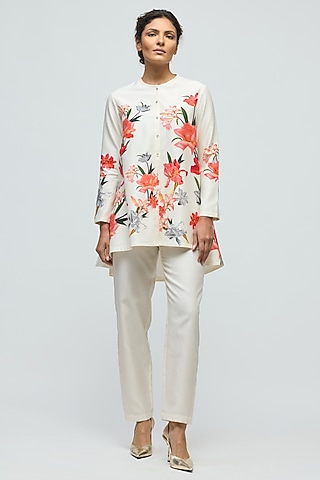 Ivory Chanderi Floral Printed Tunic Set by Balance by Rohit Bal