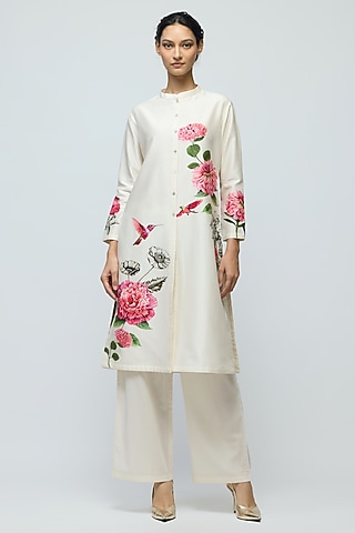 Ivory Chanderi Floral Printed Tunic Set by Balance by Rohit Bal