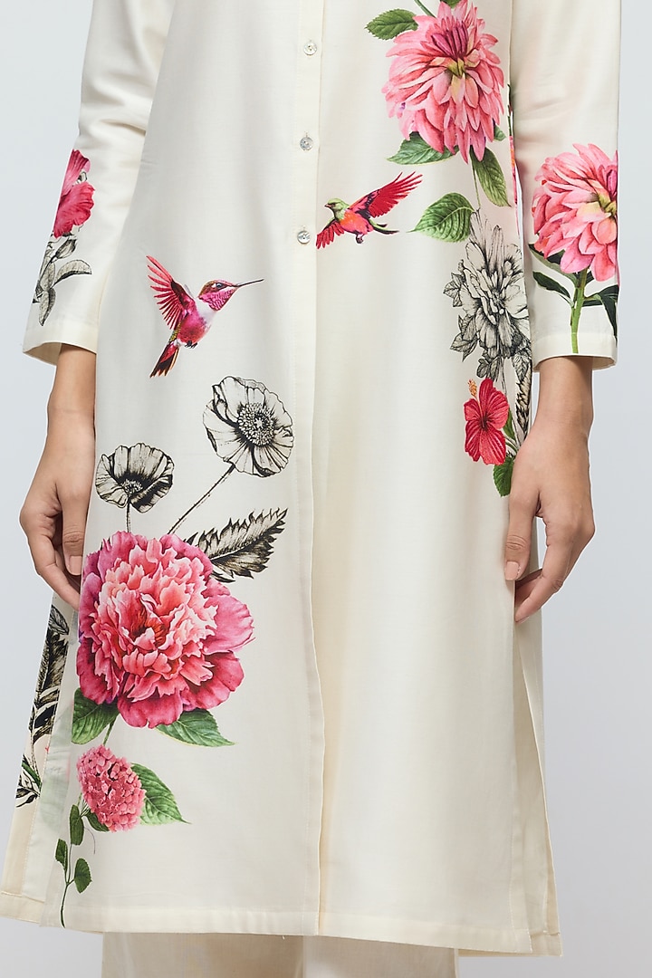 Ivory Chanderi Floral Printed Tunic Set by Balance by Rohit Bal at Pernia's Pop Up Shop