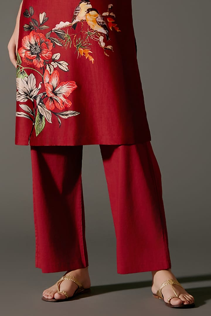 Wine Chanderi Silk Digital Printed & Resham Embroidered Tunic Set by Balance by Rohit Bal at Pernia's Pop Up Shop