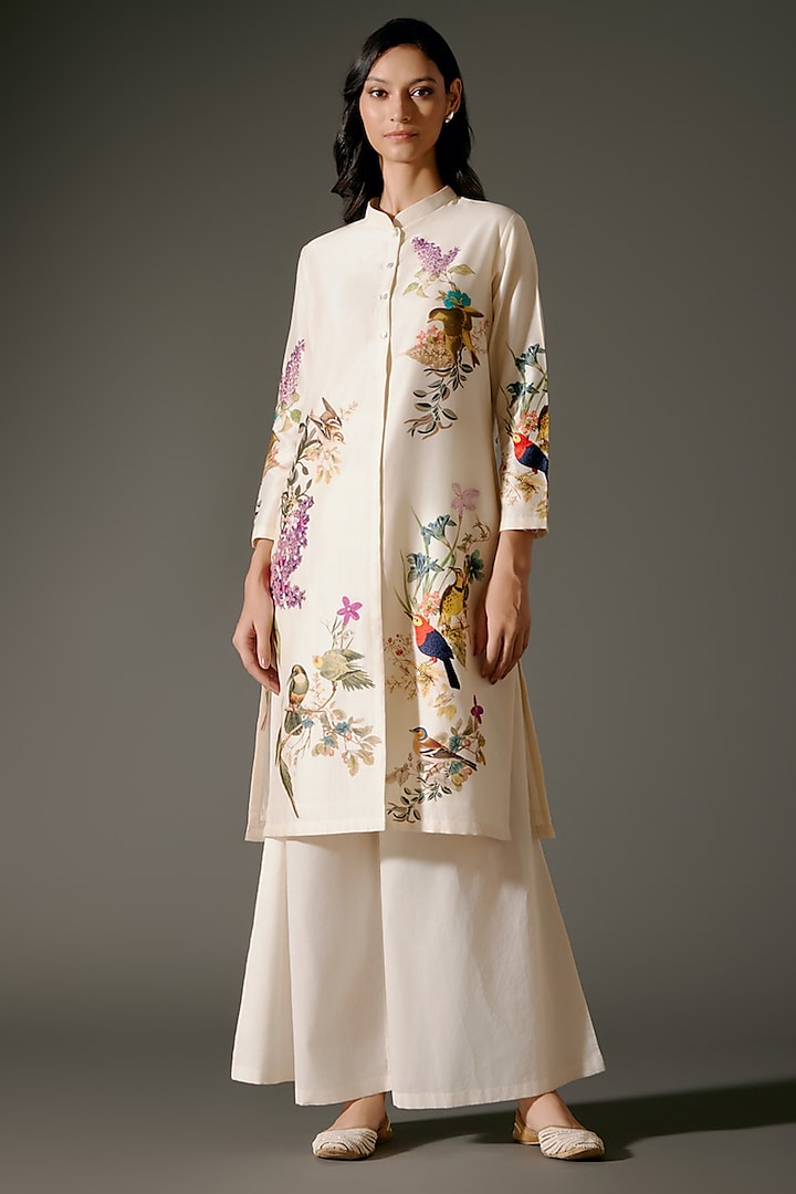 Ivory Chanderi Silk Digital Printed & Resham Embroidered Tunic Set by Balance by Rohit Bal at Pernia's Pop Up Shop