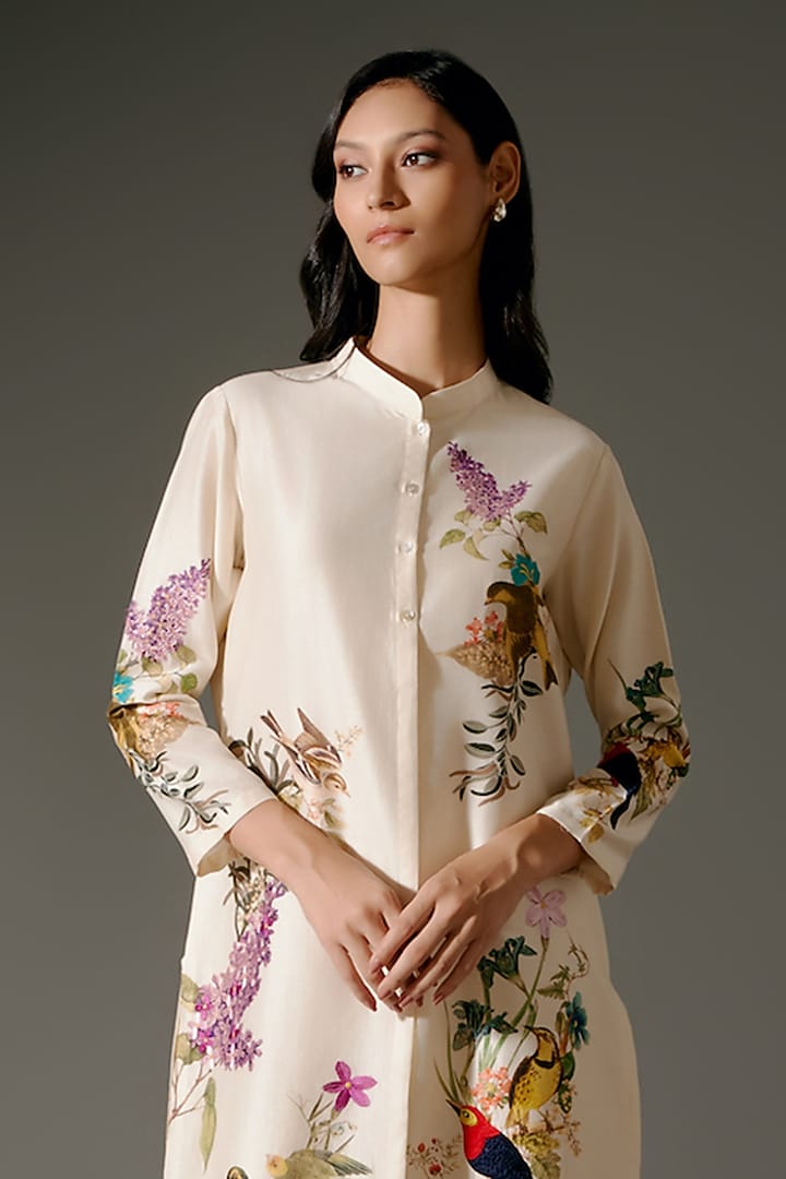 Ivory Chanderi Silk Digital Printed & Resham Embroidered Tunic Set by Balance by Rohit Bal at Pernia's Pop Up Shop