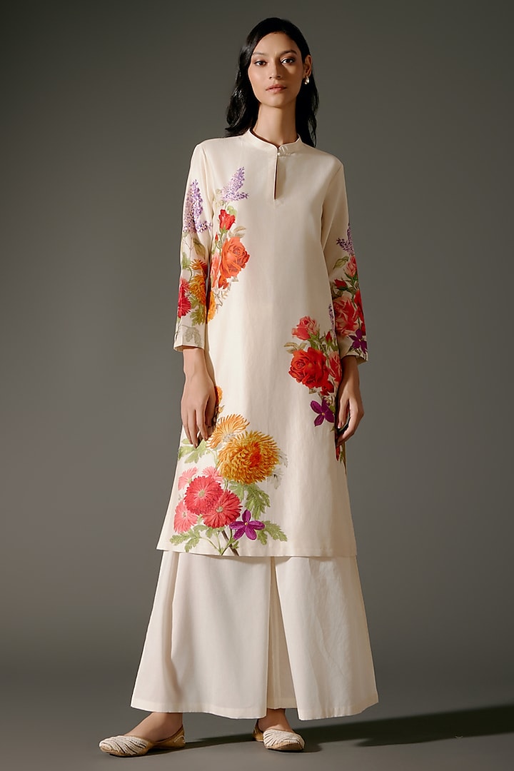 Ivory Chanderi Silk Digital Printed & Resham Embroidered Tunic Set by Balance by Rohit Bal at Pernia's Pop Up Shop