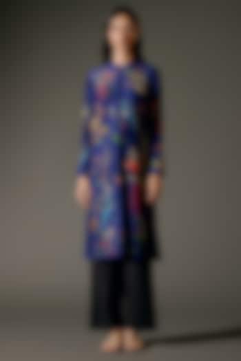 Indigo Chanderi Silk Abstract Digital Printed Tunic Set by Balance by Rohit Bal at Pernia's Pop Up Shop